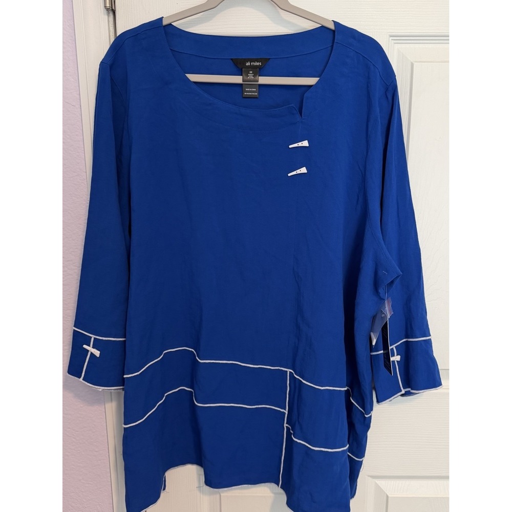 NWT Ali Miles Tunic Top 3X Blue Rayon 3/4 Sleeves Artsy Lagenlook Coastal NEW